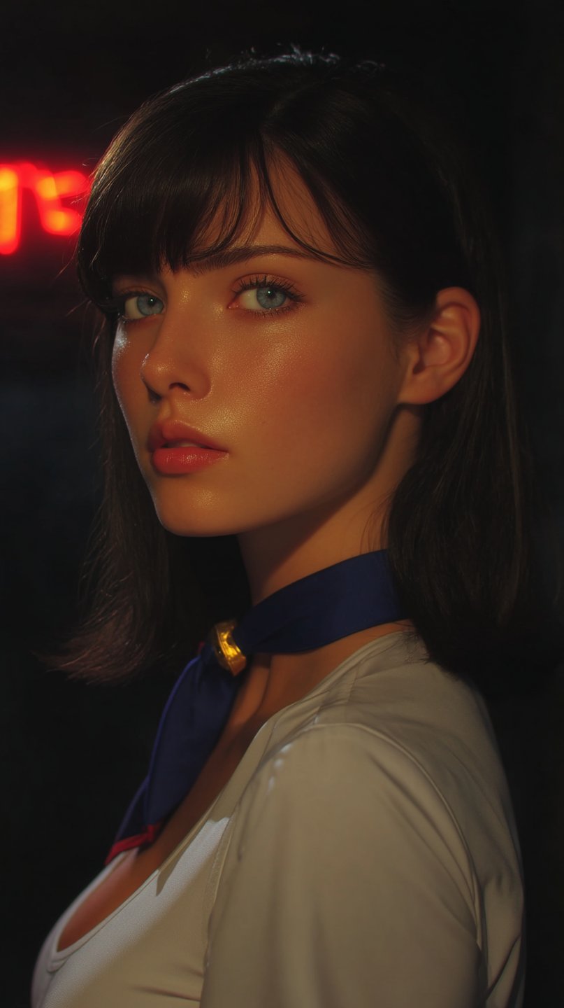 Dark-haired young woman with blue eyes wearing a blue neckerchief, lit by warm and red neon light.
