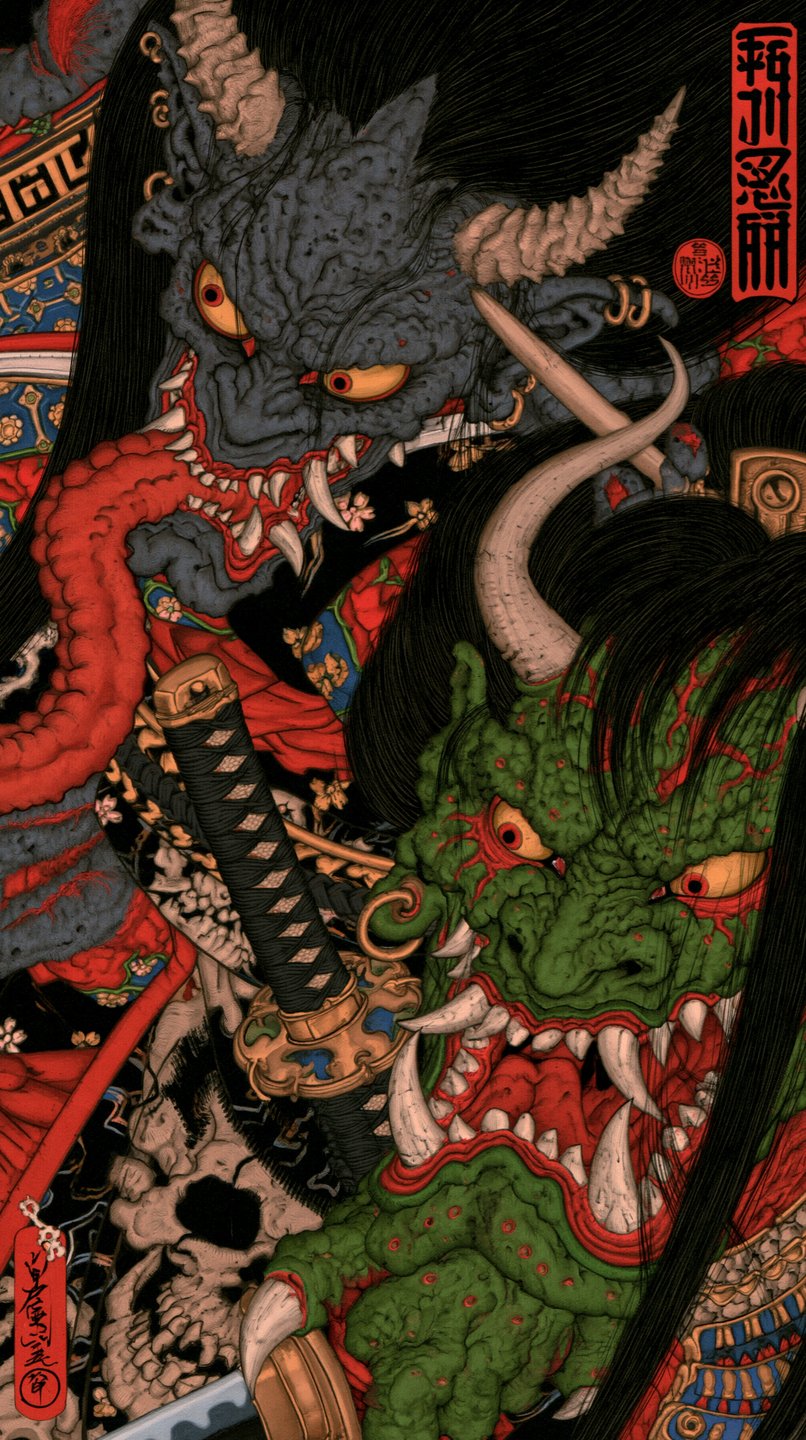 Two menacing Japanese oni demons with horns and fangs flank a katana hilt in a stylized illustration.