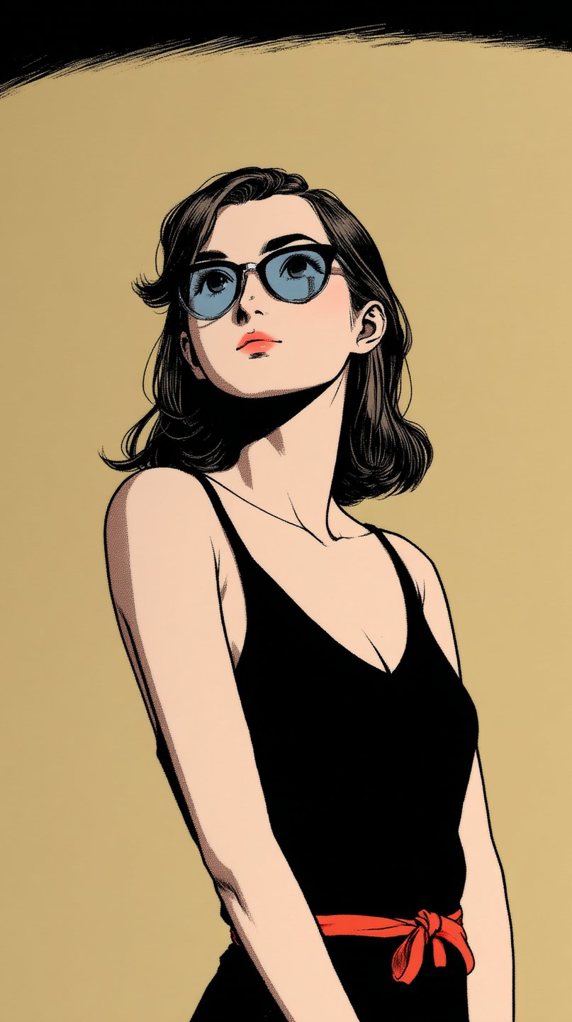Stylized illustration of a young woman with dark hair and blue sunglasses against a beige background.