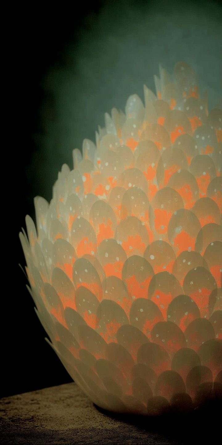 A glowing egg-shaped sculpture with translucent white scales emitting a warm orange light against a dark background.