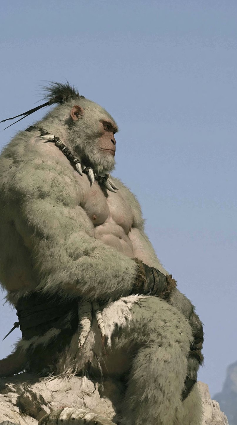 Muscular anthropomorphic ape warrior with a bone necklace sits contemplatively on a high rocky ledge.