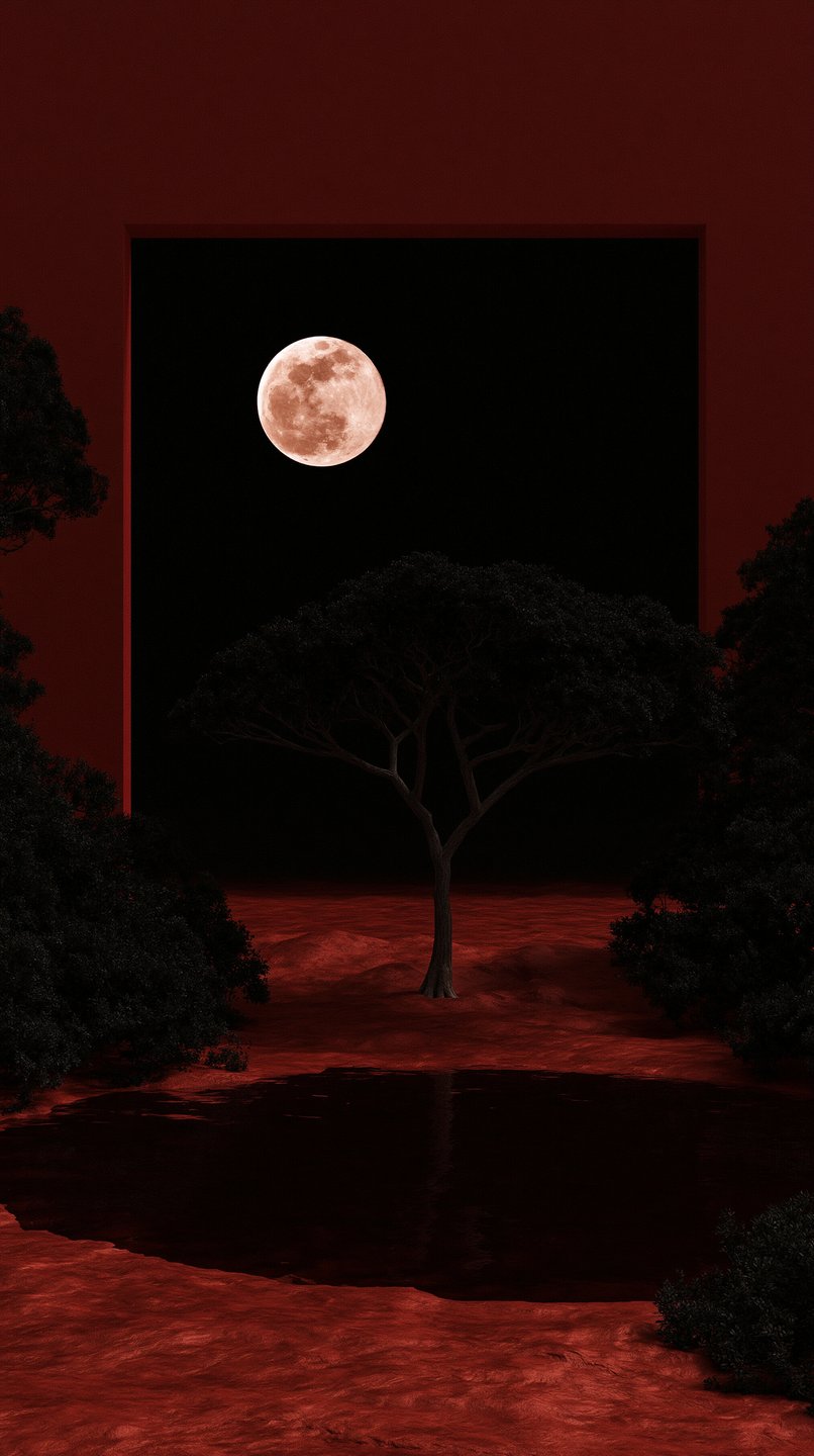 Silhouetted tree stands before a glowing full moon within a red geometric frame over dark reflective water.