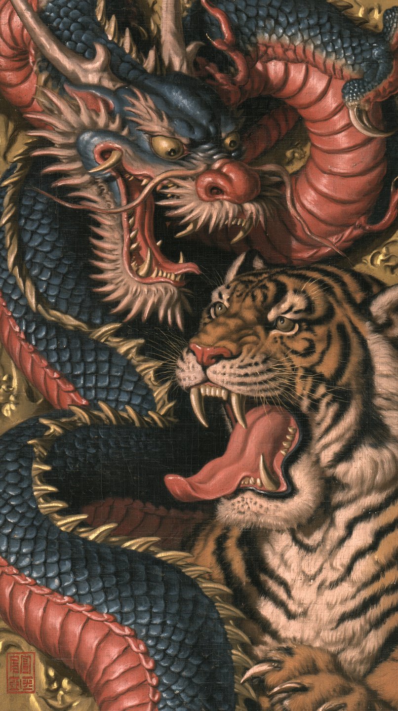 A traditional painting of a blue dragon and a roaring tiger locked in a dramatic, close-up confrontation.