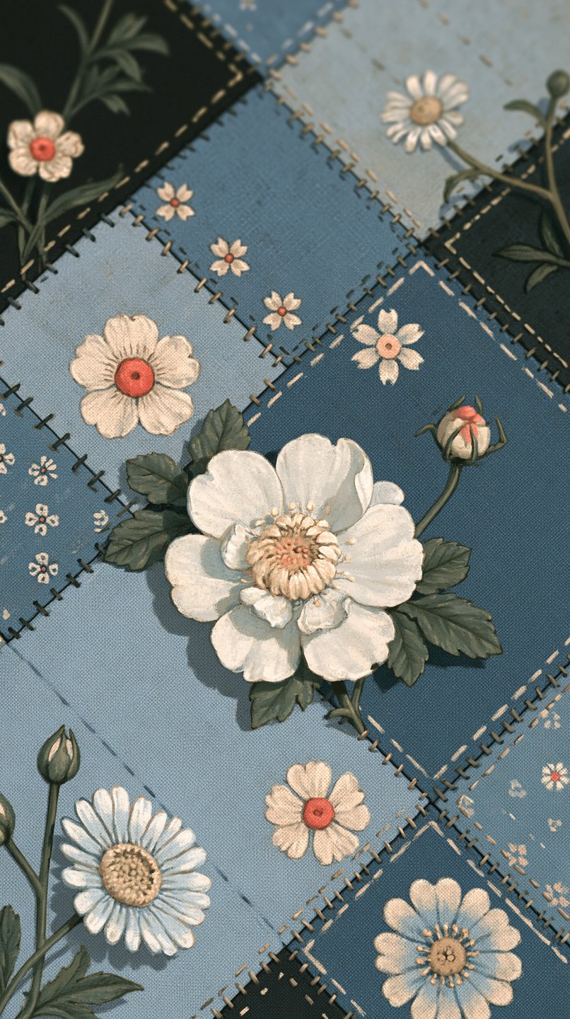 Delicate white daisies and wild roses painted on a blue stitched patchwork quilt background.