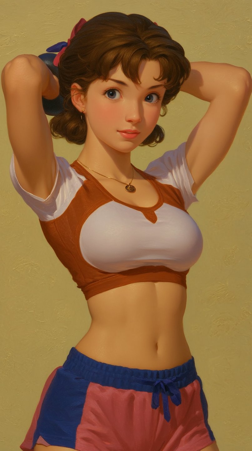 Young woman with brown hair in athletic crop top and shorts posing against a textured yellow background.