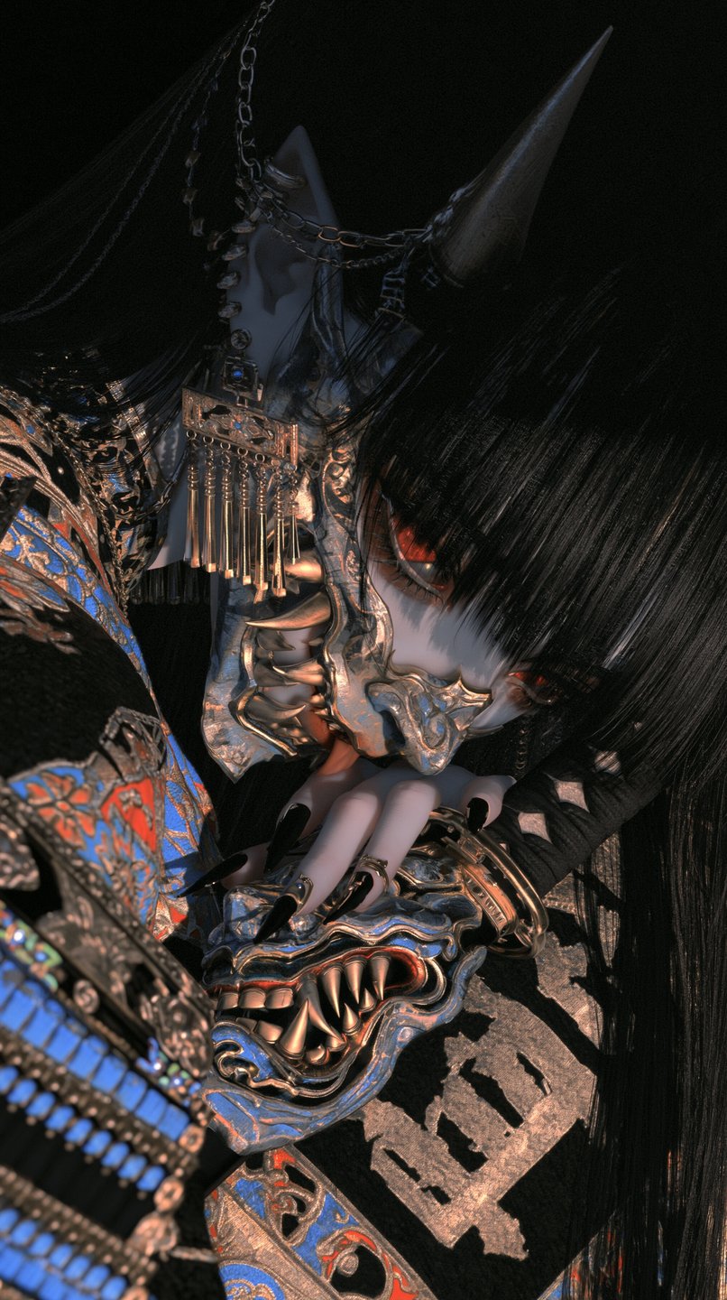 Close-up of a dark fantasy oni warrior with a metallic mask, glowing red eyes, and ornate armor.