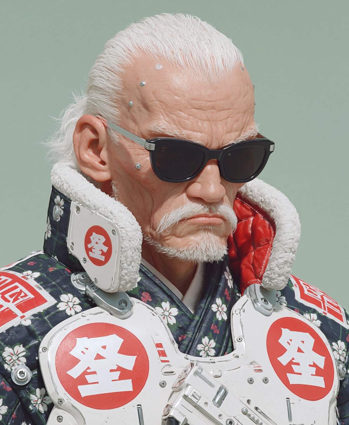 An elderly cybernetic man with white hair and sunglasses wears high-tech armored collar with Japanese kanji.