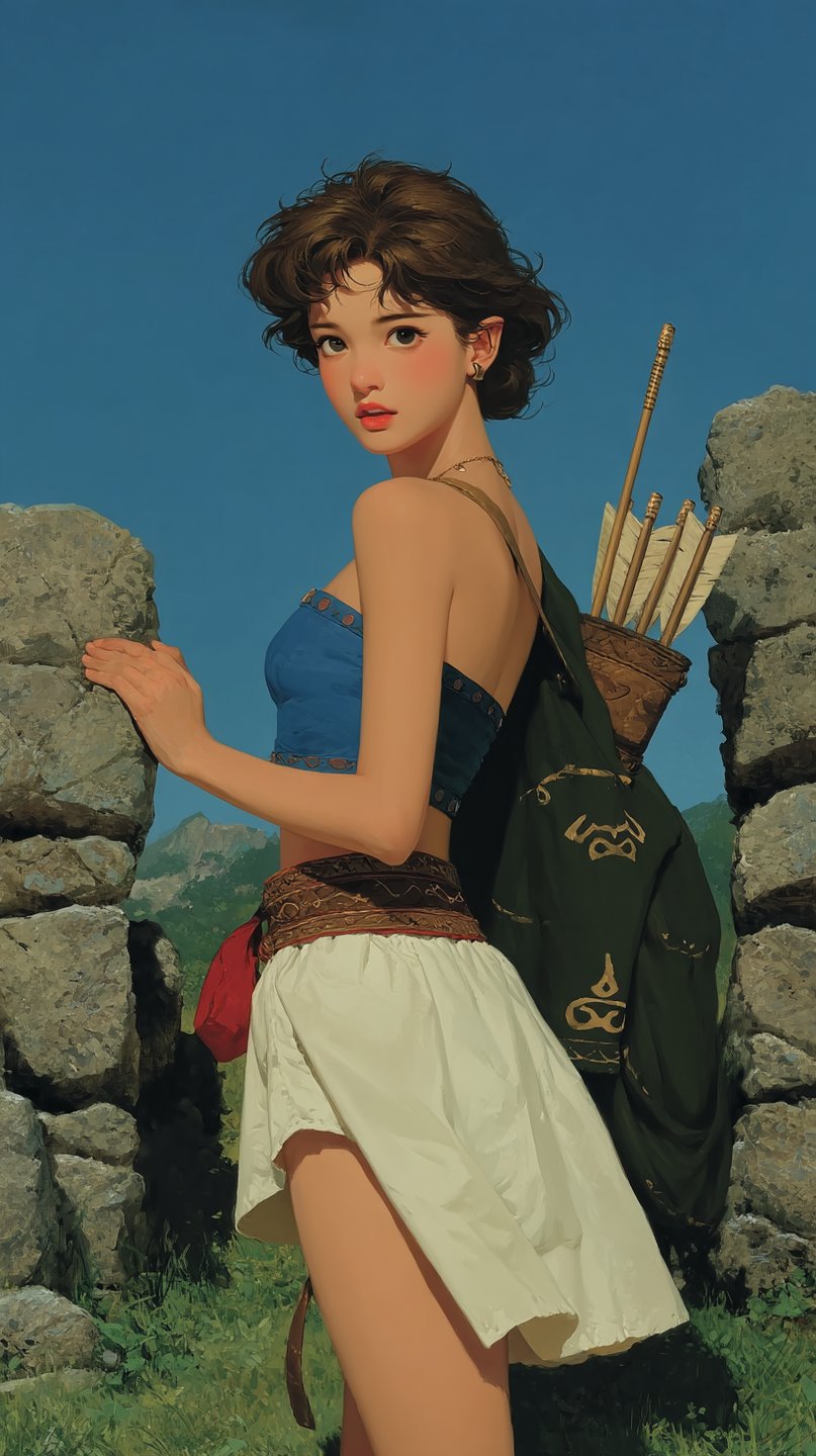 Young female elven archer with short brown hair stands between stone walls carrying a quiver of arrows.