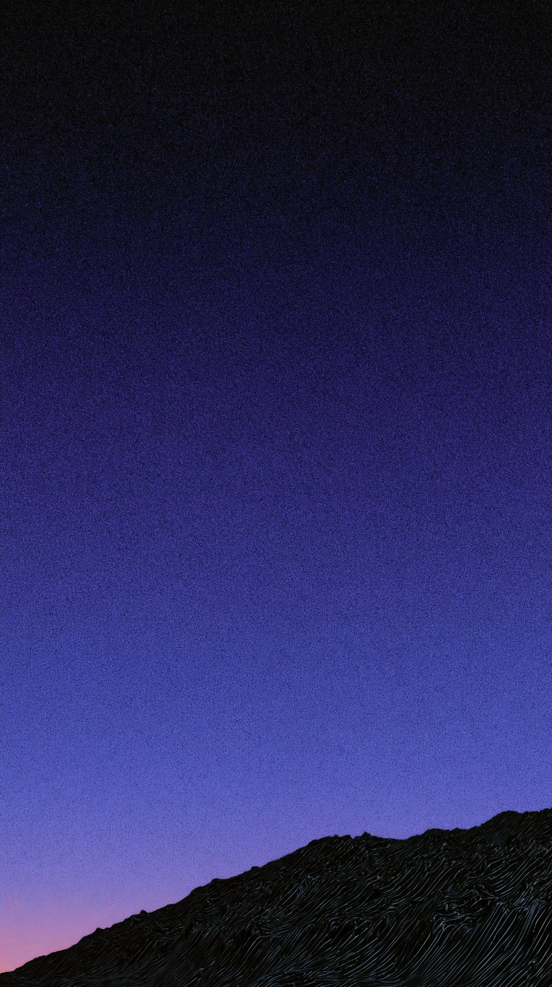 Textured dark mountain ridge silhouette under a deep indigo and violet gradient sky with heavy film grain.
