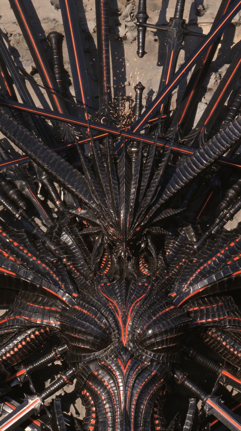 Symmetrical close-up of a biomechanical dark sovereign in black armor surrounded by radiating swords with glowing red channels.