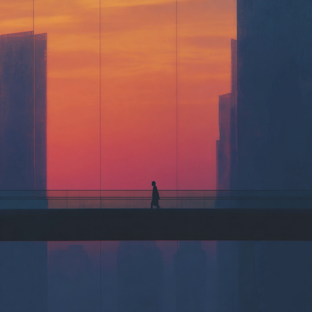 A dark silhouette walks across a narrow bridge between skyscrapers against a glowing orange and pink sky.