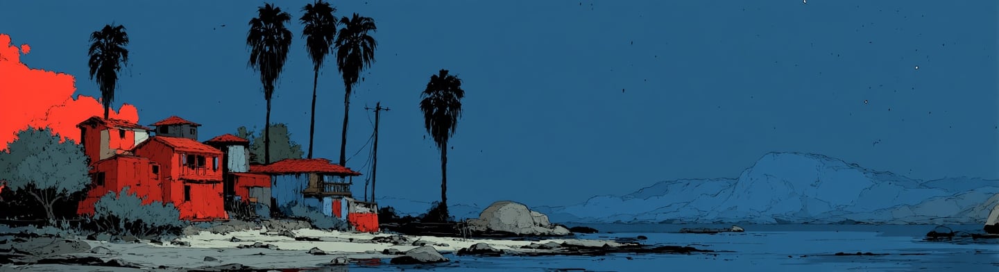 Vibrant red houses and tall palm trees sit on a rocky beach under a deep blue sky.