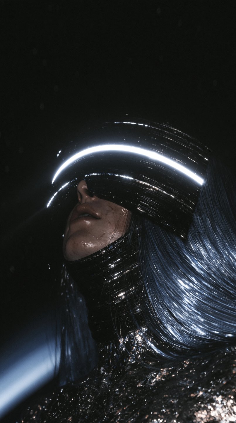 Cyborg woman with a glowing white visor and metallic blue hair tilts her head upward in darkness.