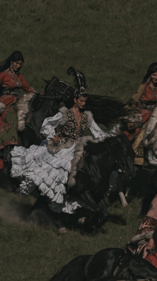Nomadic horsewomen in ornate traditional attire ride galloping horses across a steep green grassy hillside.