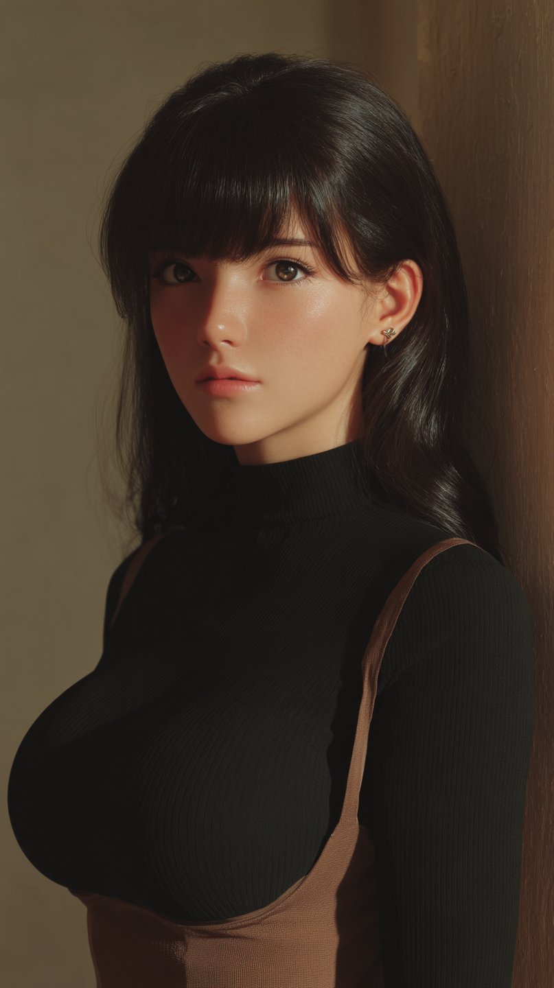 Young woman with dark bangs leans against a wall wearing a black turtleneck and brown strap.