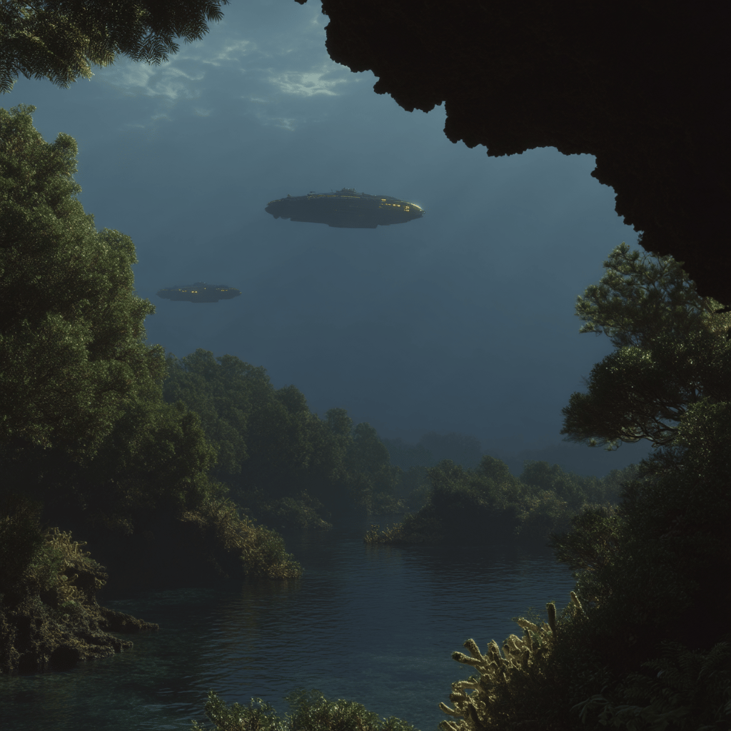 Two dark spacecraft hover over a lush tropical lagoon framed by a silhouetted rocky foreground cave.