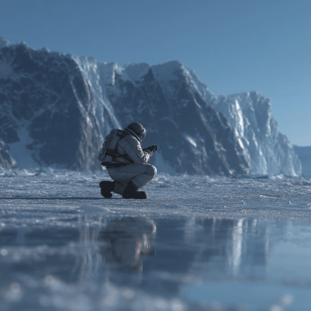 Astronaut in a white pressurized suit kneels on reflective ice before towering blue glacial mountains.