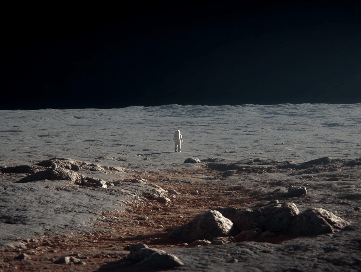 Solitary astronaut in white spacesuit standing on a rocky, cratered lunar surface under a dark sky.