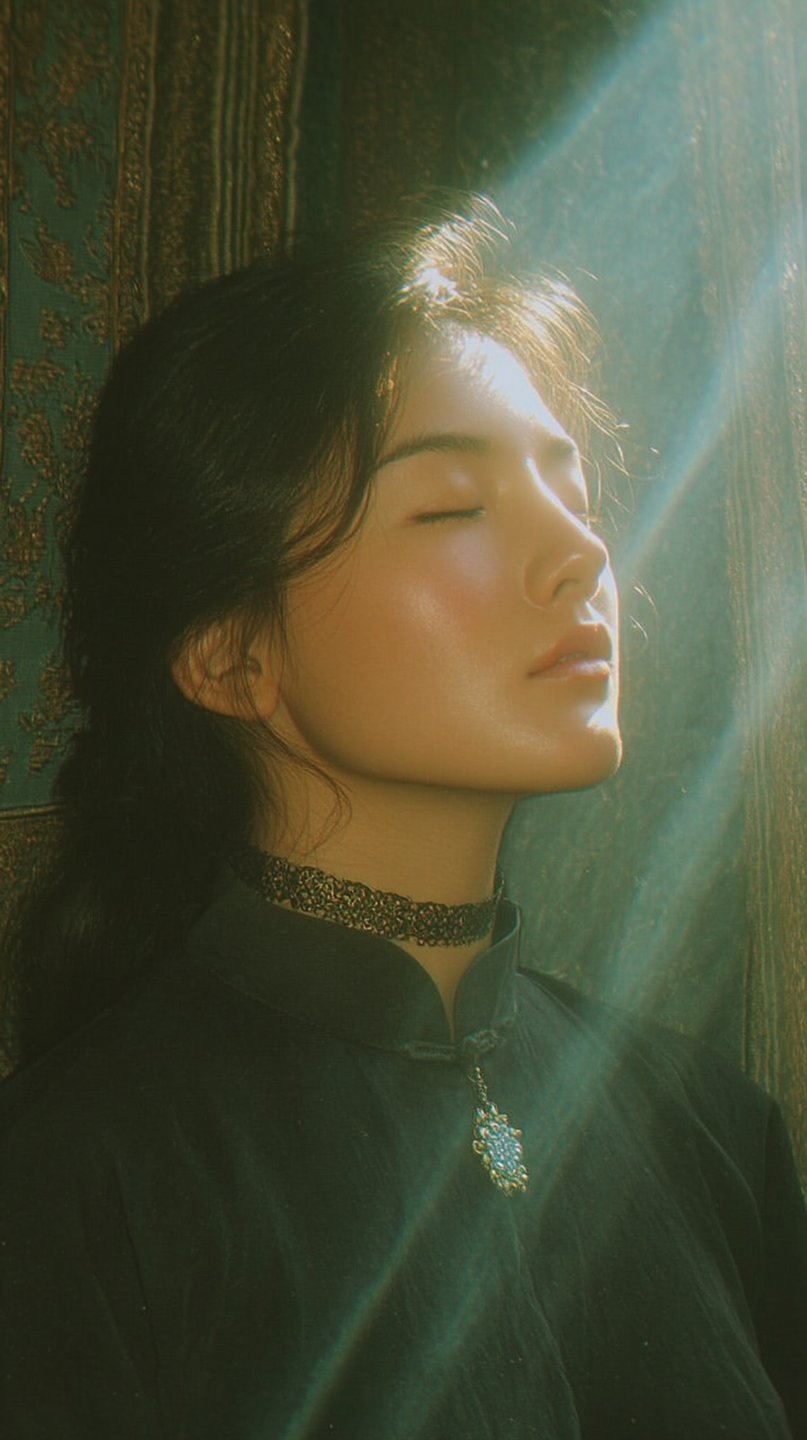 Profile of a serene young woman with eyes closed, bathed in dramatic diagonal beams of golden sunlight.