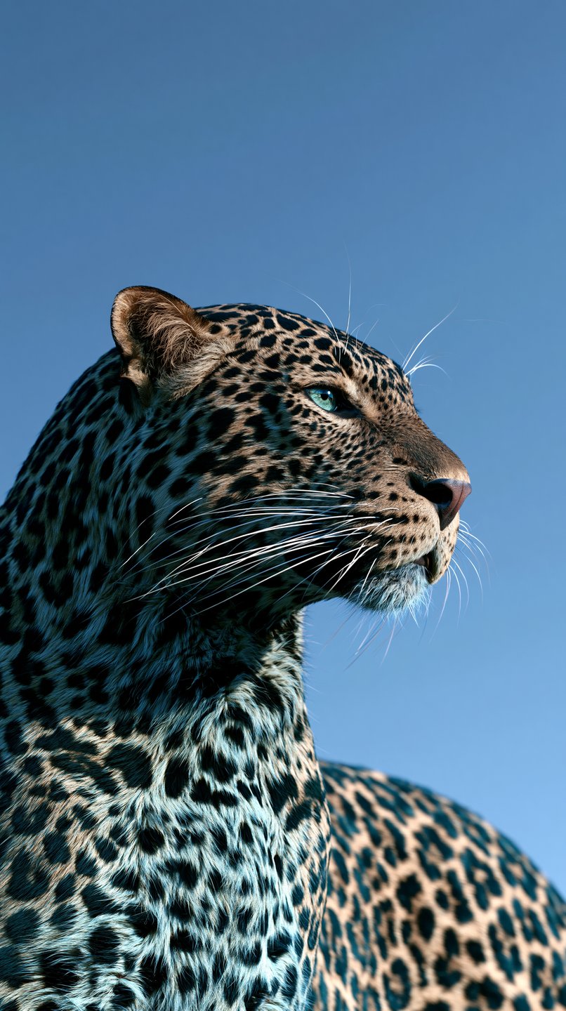 A close-up profile of a leopard with striking green eyes against a solid blue sky.