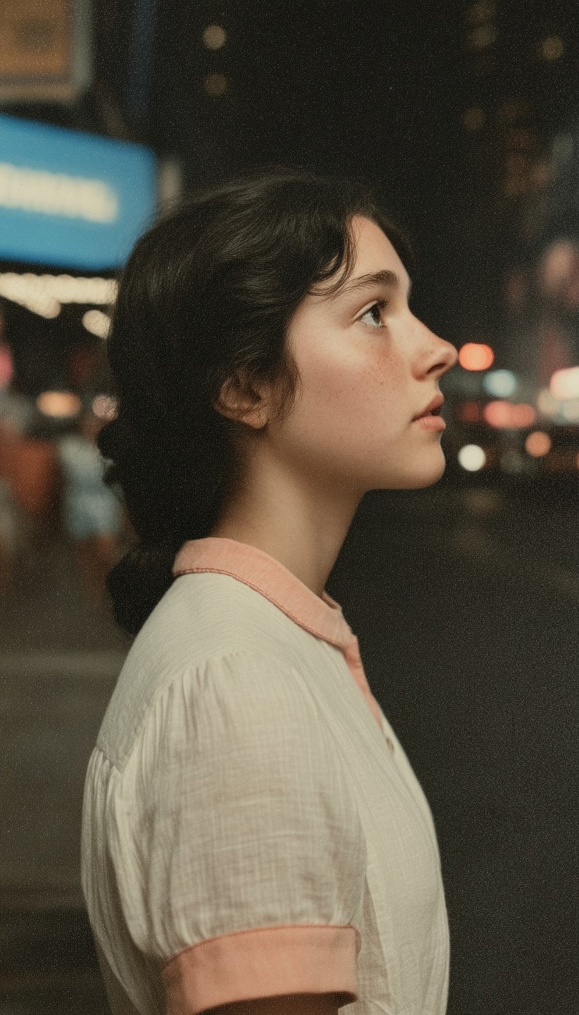 Profile of a freckled young woman in a white blouse gazing upward against blurred city night lights.
