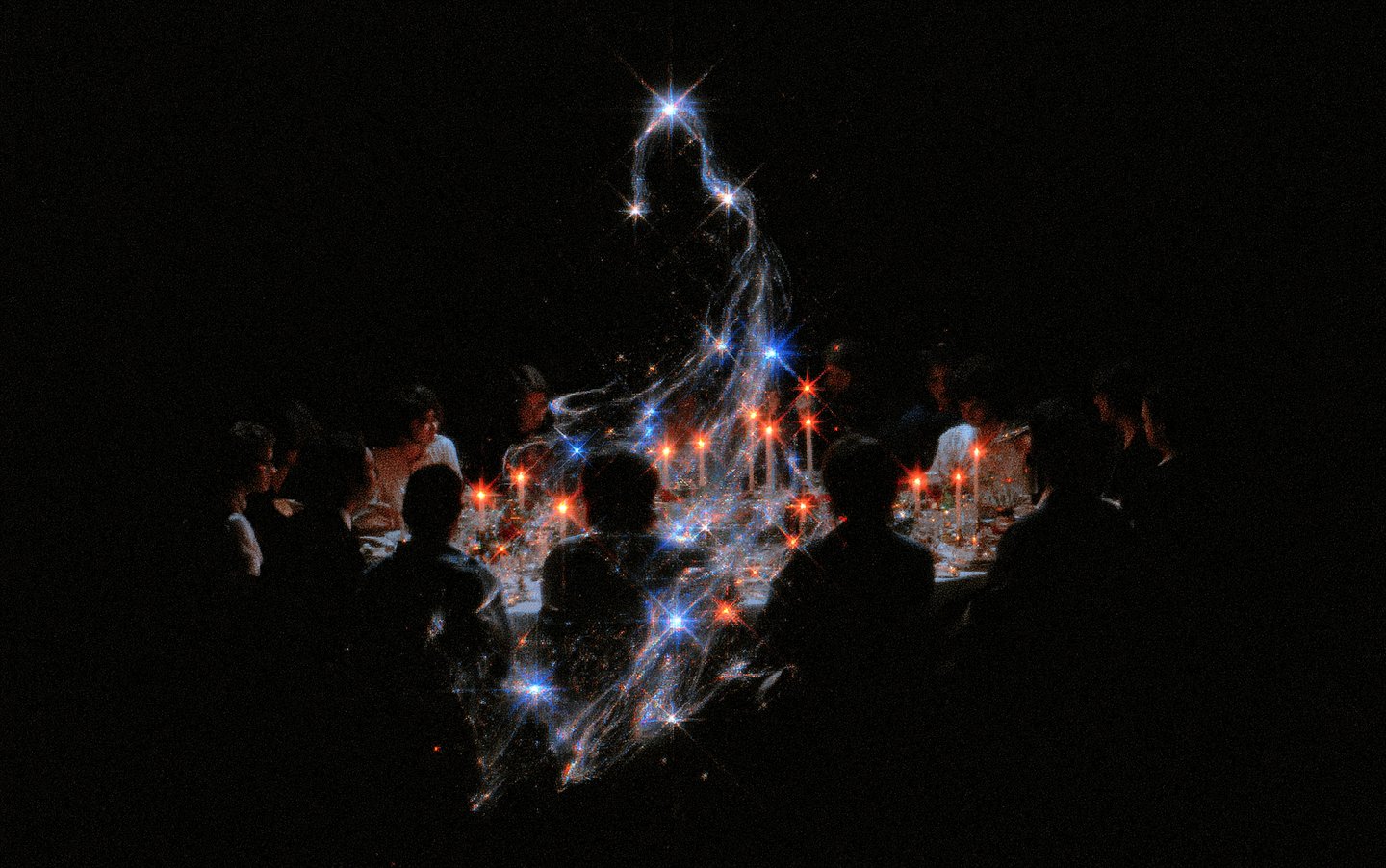 Silhouetted figures sit around a dark, candlelit banquet table illuminated by magical, sparkling starburst light trails.