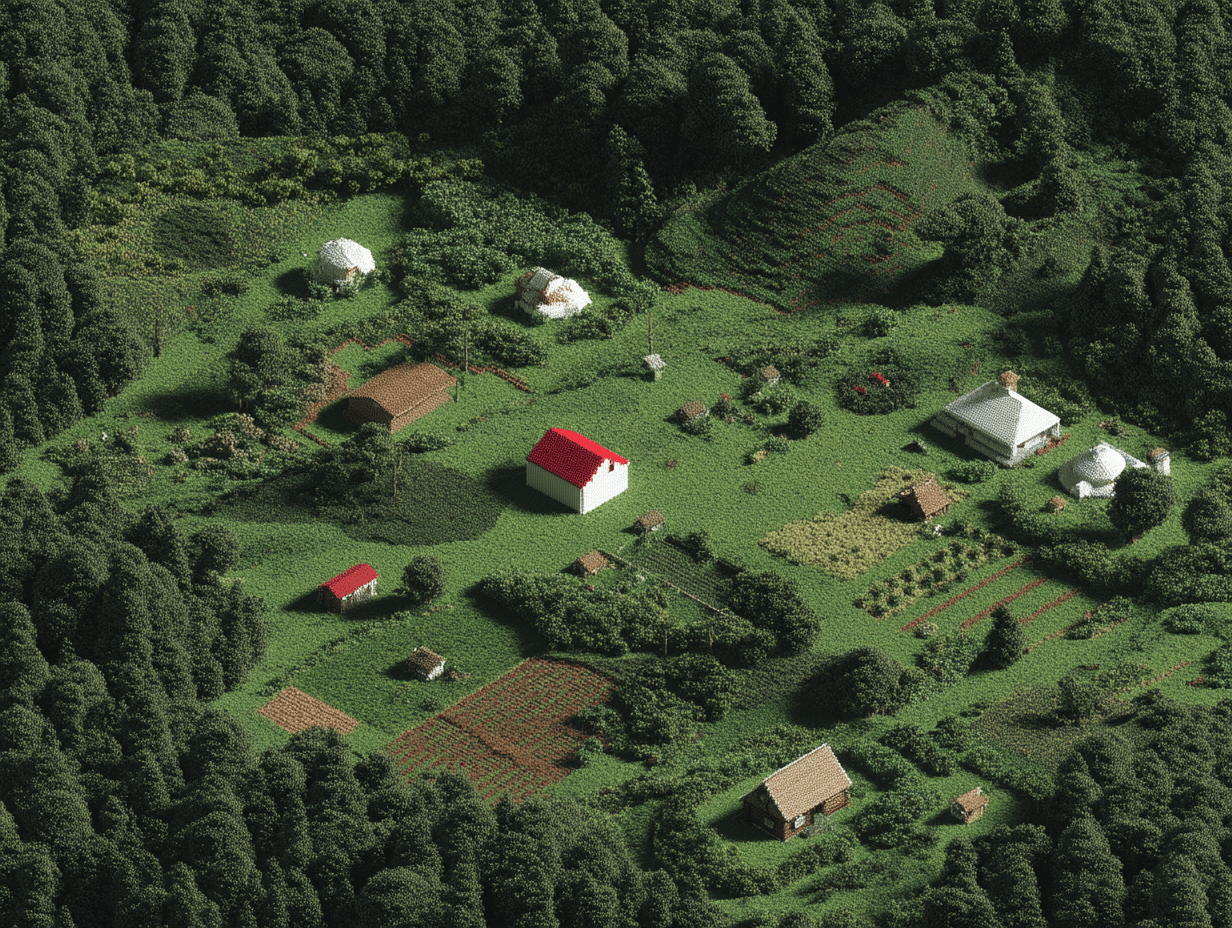 Isometric voxel art of a forest clearing containing small houses, garden plots, and a red-roofed central building.
