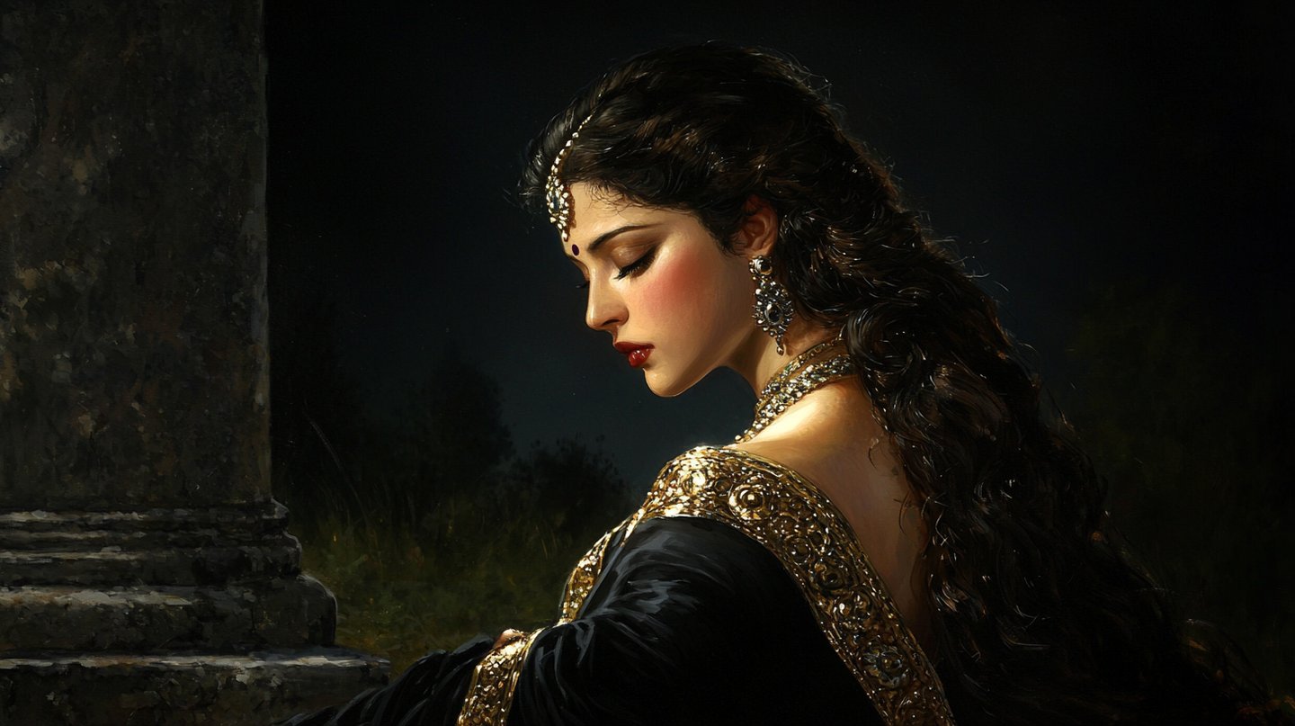 Profile of woman wearing traditional gold jewelry and black garment looking down in dramatic chiaroscuro lighting.