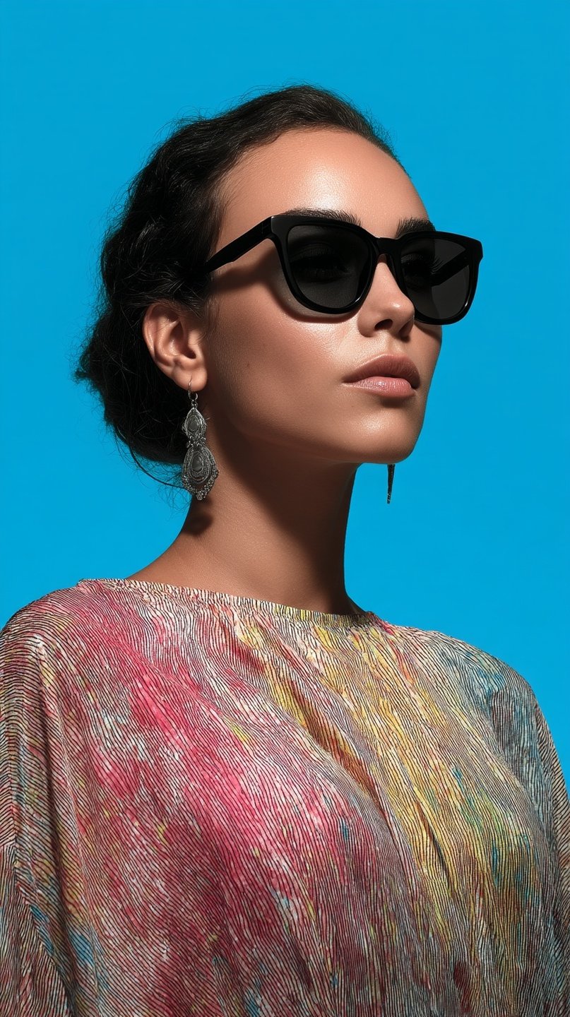 Woman wearing black sunglasses and a colorful pleated blouse poses against a vibrant cyan blue studio background.