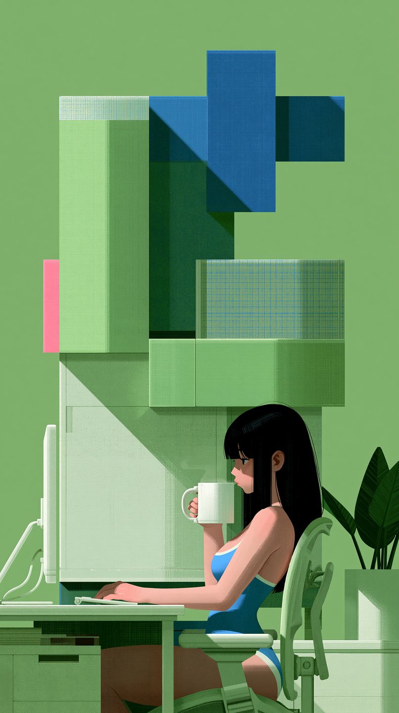 A young woman with black hair sits at a green desk holding a steaming white mug.