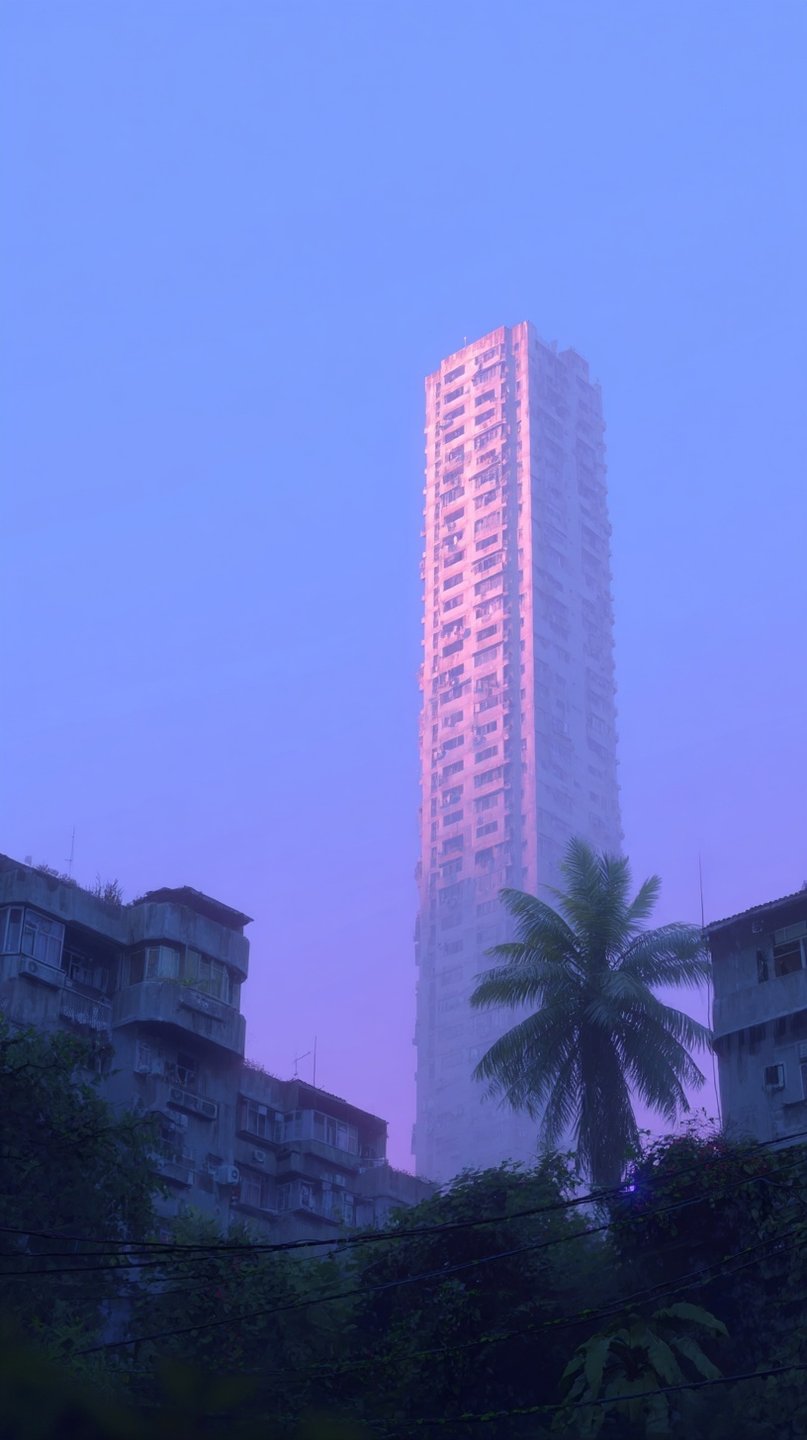 Tall lavender skyscraper rises above dark foreground buildings and a palm tree in a misty purple atmosphere.