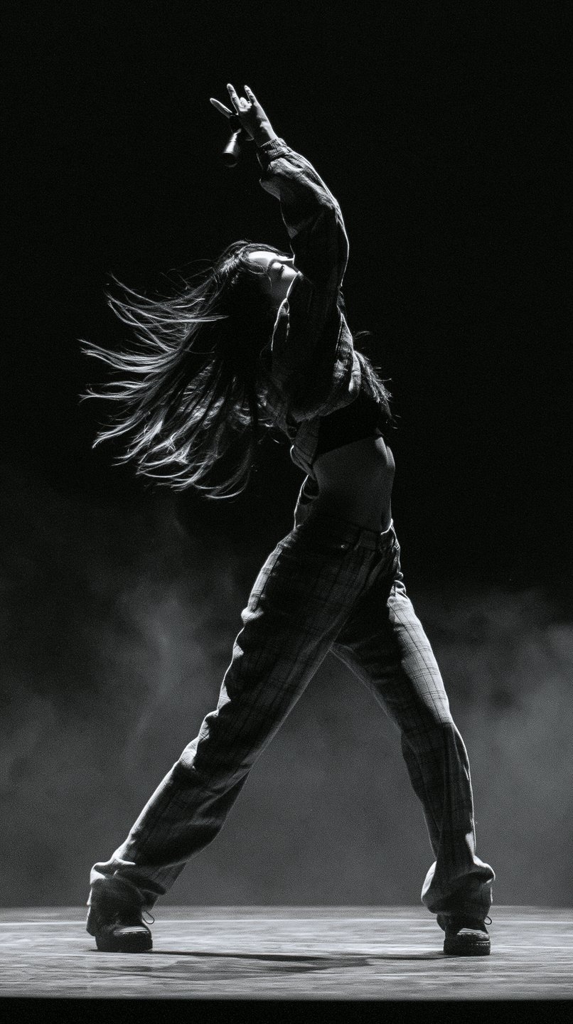 A female vocalist in plaid pants arches her back dramatically while singing into a microphone on stage.