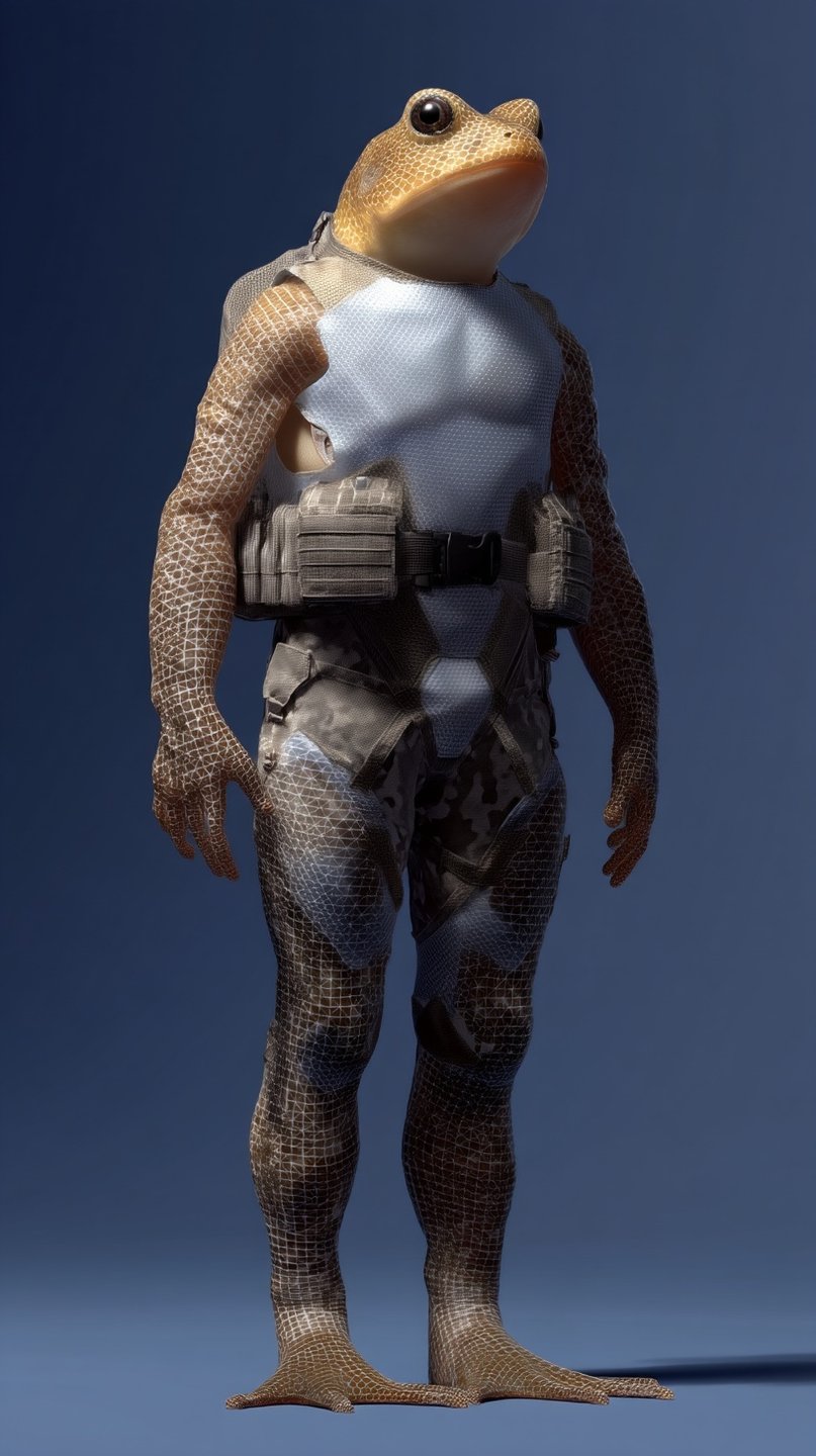 Full-body anthropomorphic frog wearing tactical military gear and a white vest against a solid blue background.