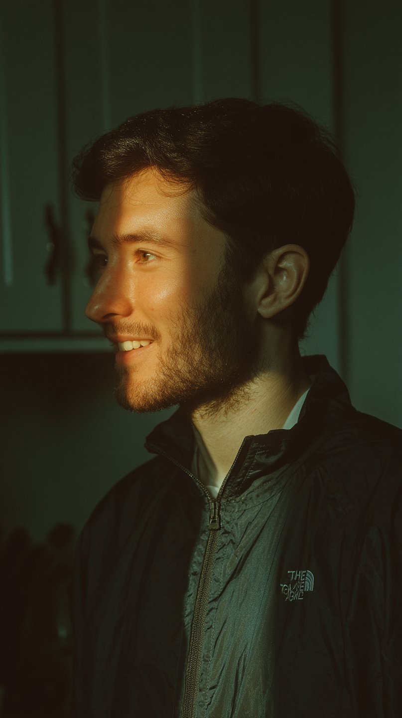 Profile of a smiling young man with a beard illuminated by golden sunlight against a dark background.