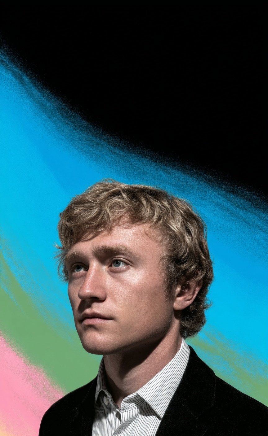 Young man with blonde hair looking upward against a background of black and vibrant blue paint strokes.