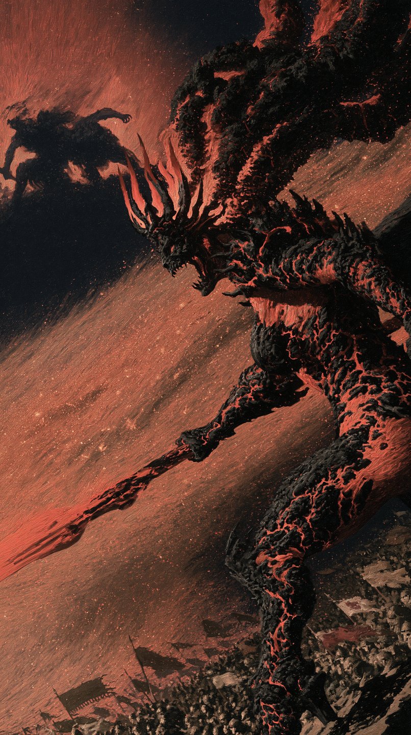 Colossal lava demon with cracked obsidian skin and a molten sword towers over a tiny army.