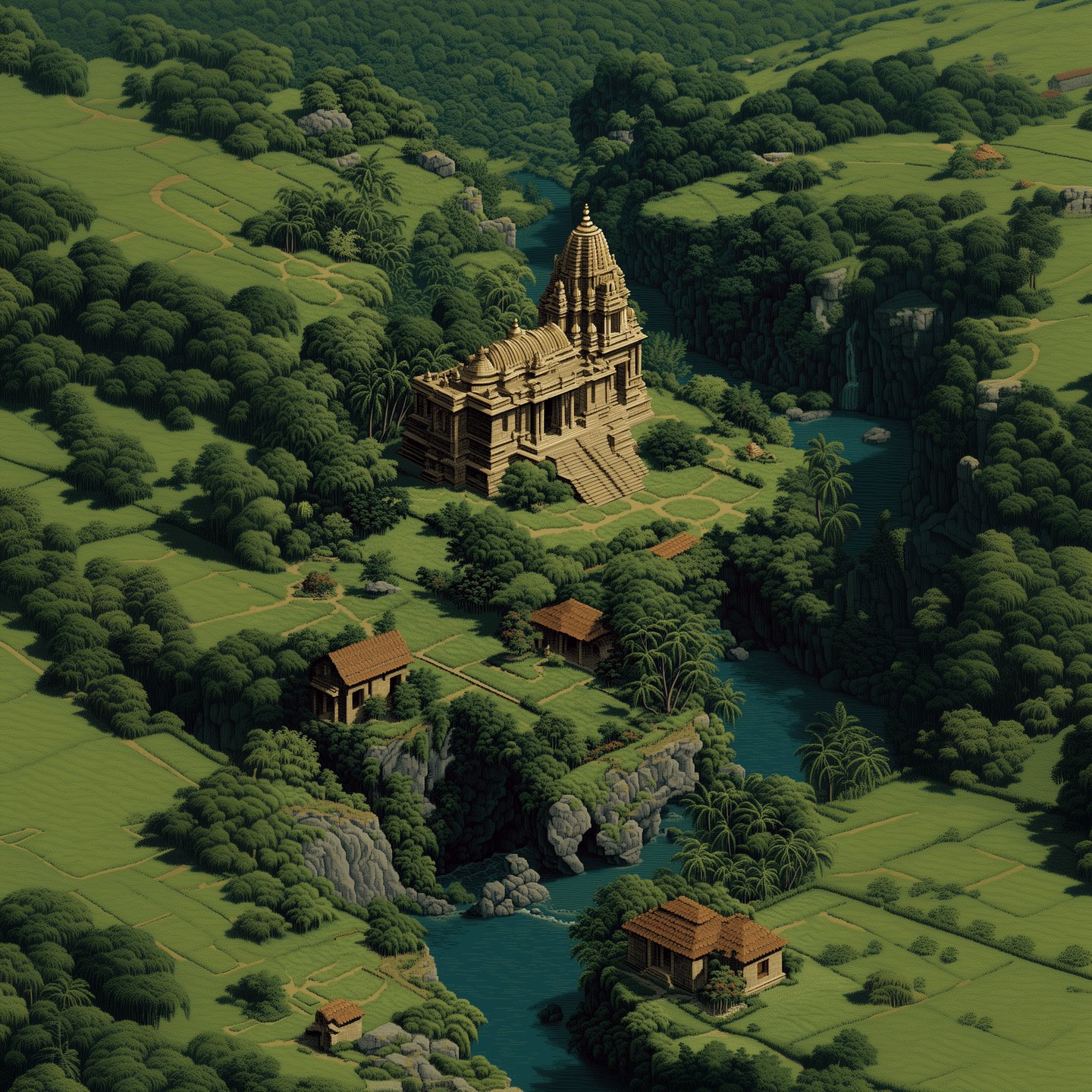 Isometric sandstone temple centered in a lush green valley featuring terraced fields, dense forests, and a winding river.