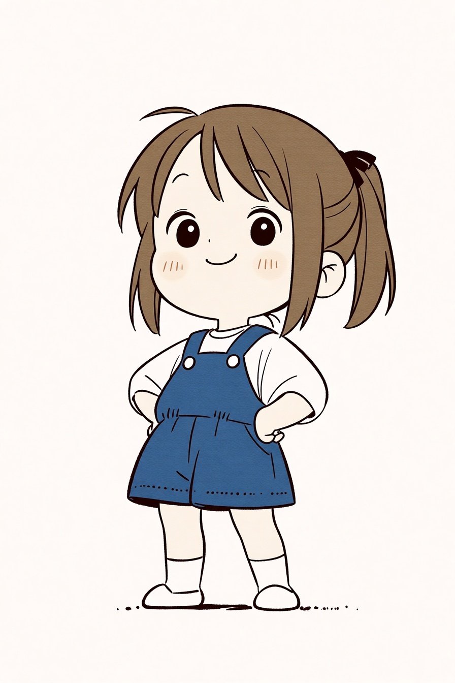 Minimalist anime illustration of a young girl with brown hair in blue overalls posing with hands on hips.
