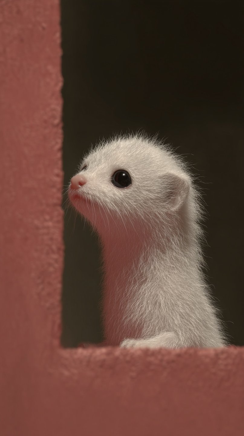 A fluffy white ermine kit peeks over a pink textured wall against a dark background.