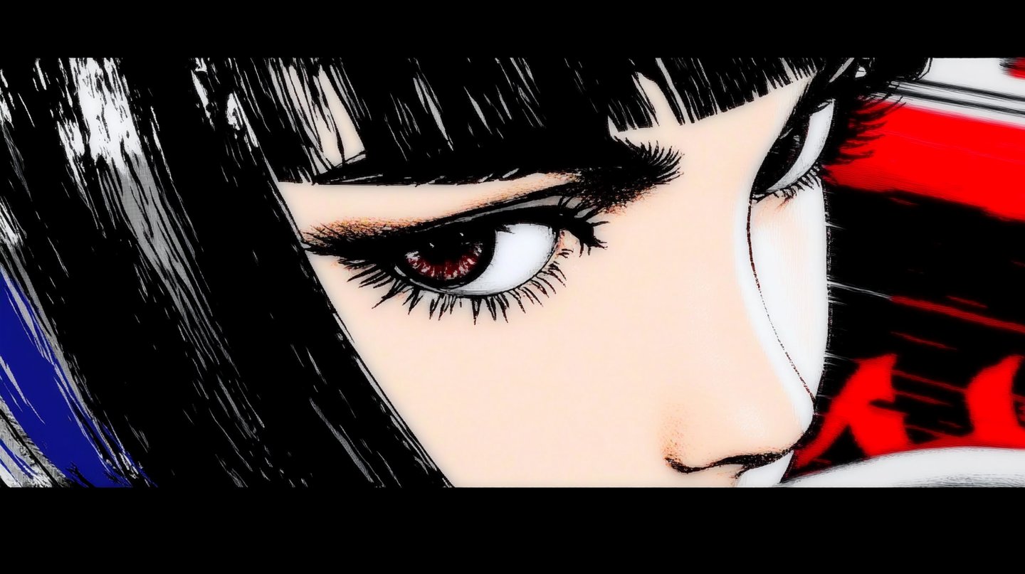 Extreme closeup of a woman's intense red eyes with thick black lashes in a noir anime style.