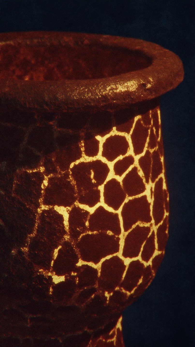 Close-up of a dark terracotta vessel with glowing yellow crackle glaze veins against a black background.