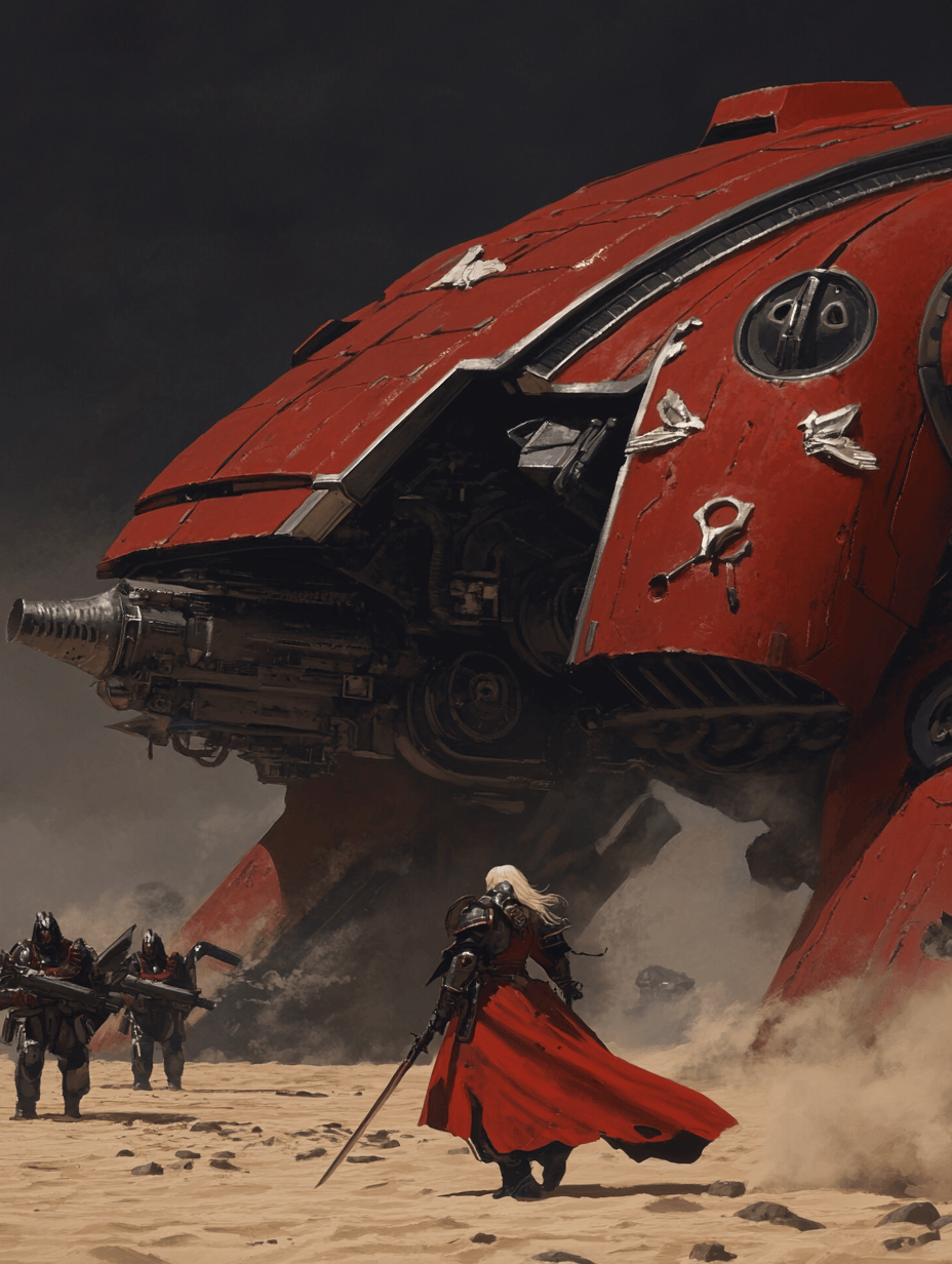 Blonde commander in red cape approaches massive red war machine flanked by armored soldiers in dusty desert.