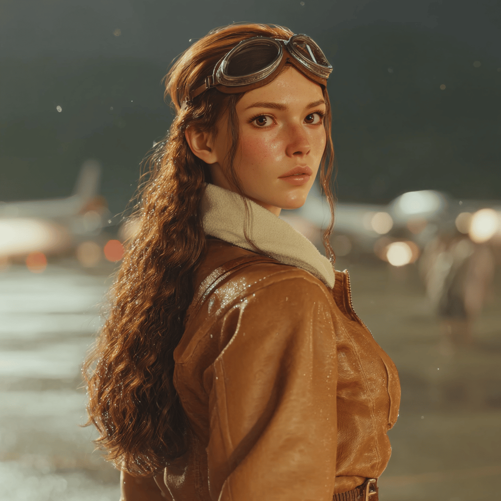 Young woman in a leather flight jacket and goggles looks back on a rain-slicked, bokeh-lit airfield.
