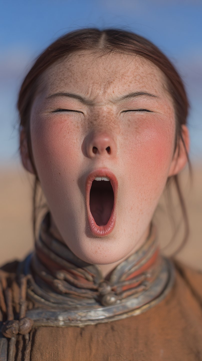Close-up of a freckled girl with eyes closed and mouth wide open wearing traditional layered metal necklaces.