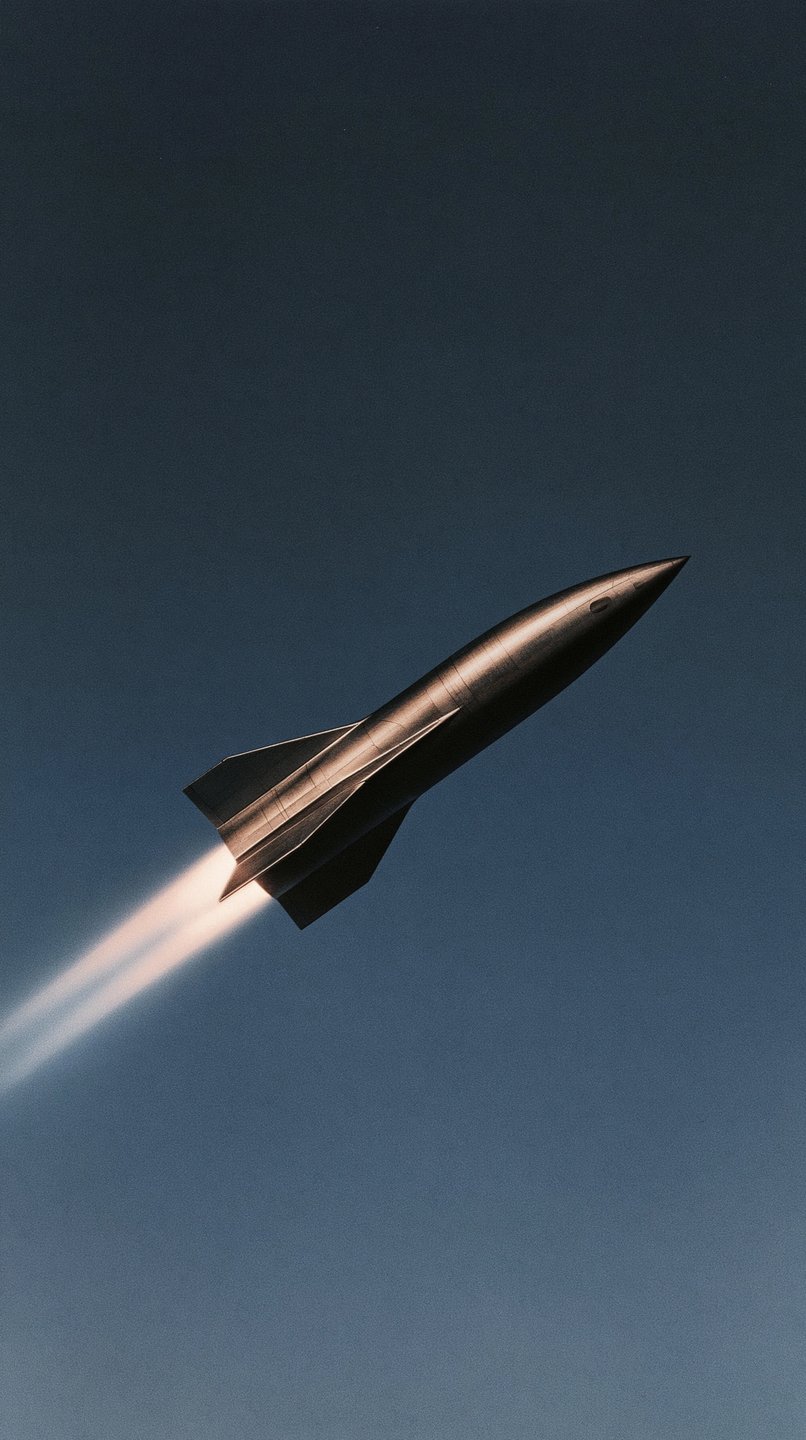 A sleek metallic retro rocket ascends diagonally against a dark blue sky, leaving a bright exhaust trail.