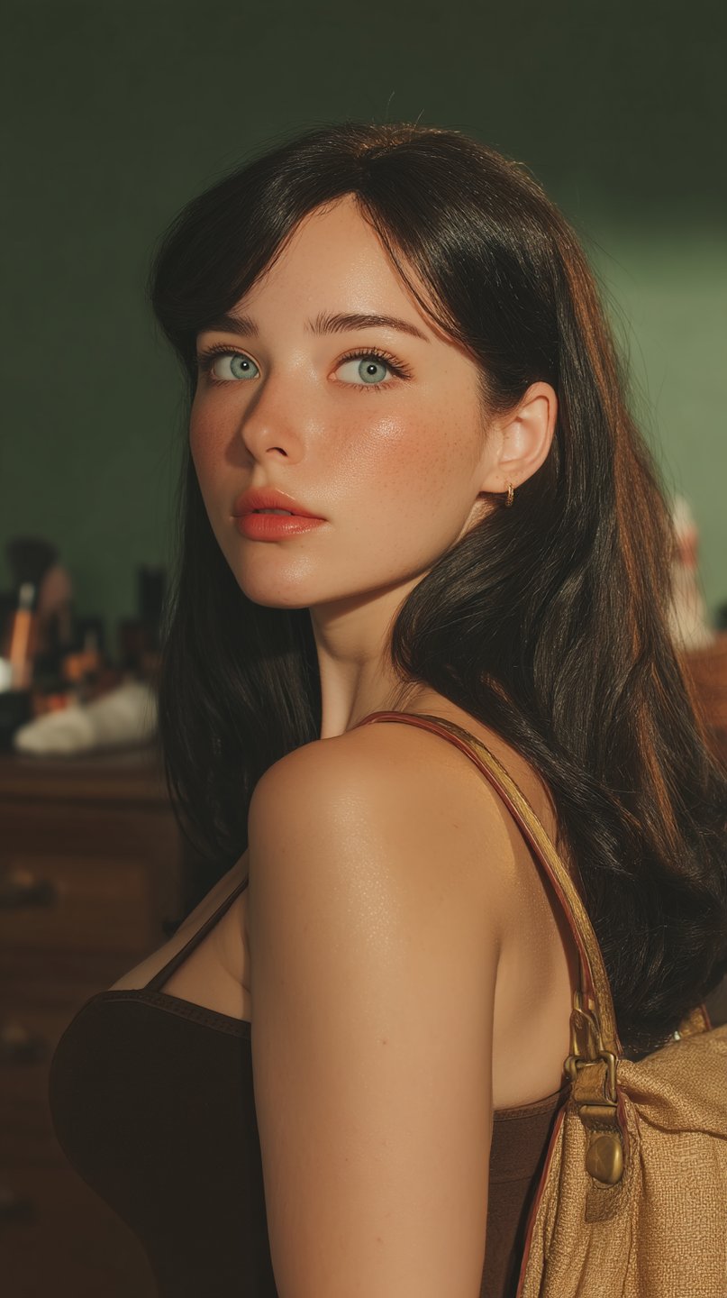 Young woman with dark hair and blue eyes looking over her shoulder in warm indoor lighting.