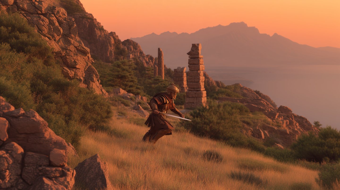 Armored warrior in bronze helmet charges across a golden grassy hillside past ancient monolithic stone ruins.