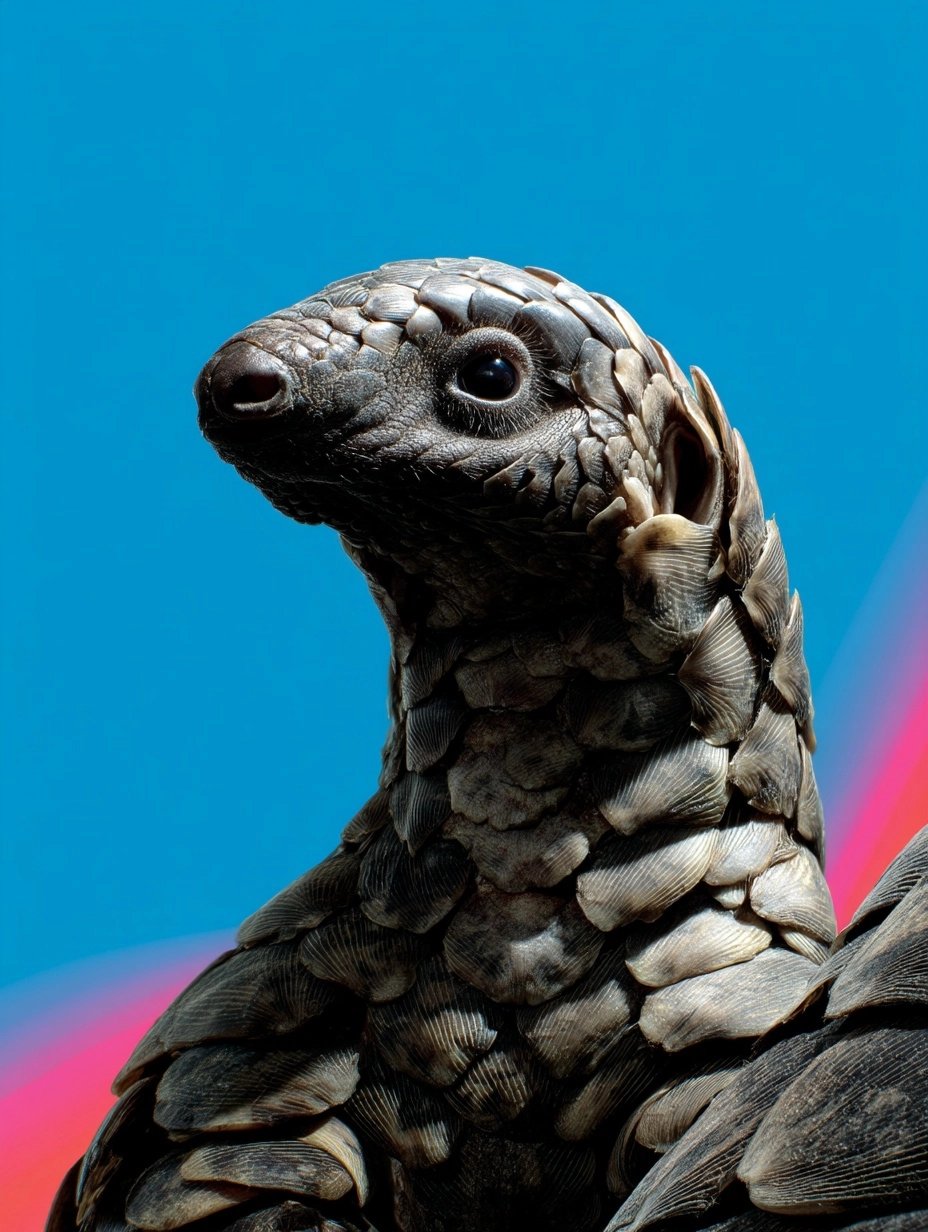 Close-up profile of a pangolin with detailed keratin scales against a bright blue background and pink light.