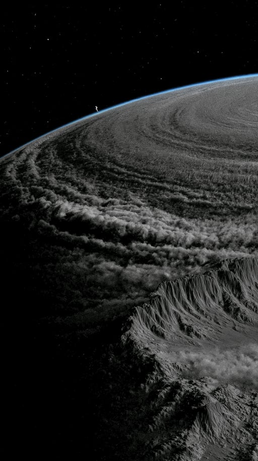 Tiny astronaut floats in the blackness of space above a massive planet with swirling gray storm clouds.