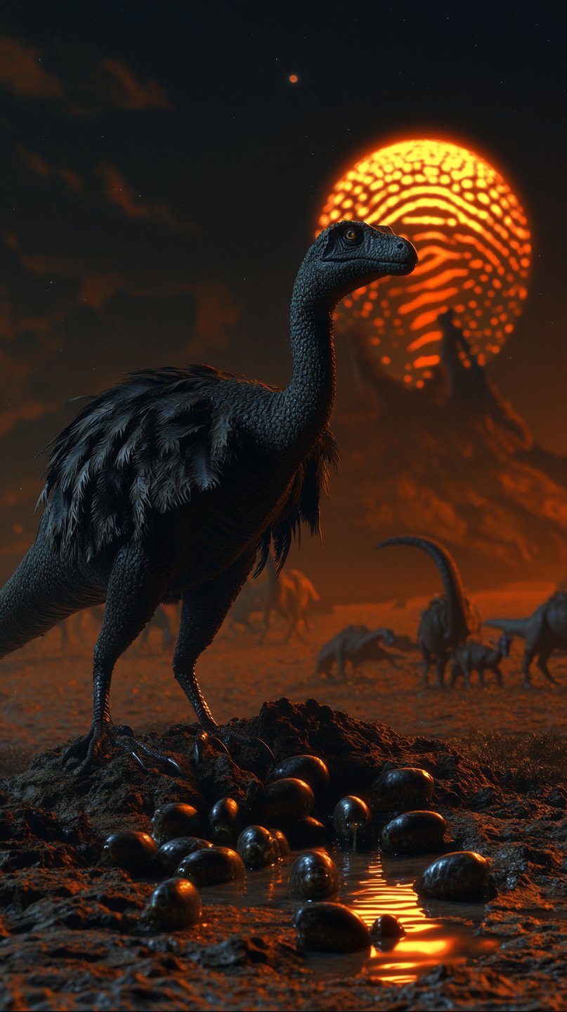 A feathered dinosaur stands guard over a nest of eggs beneath a glowing, fingerprint-patterned orange sun.